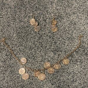 Gold Coin Pendant Necklace and Earring Set (Never Worn)